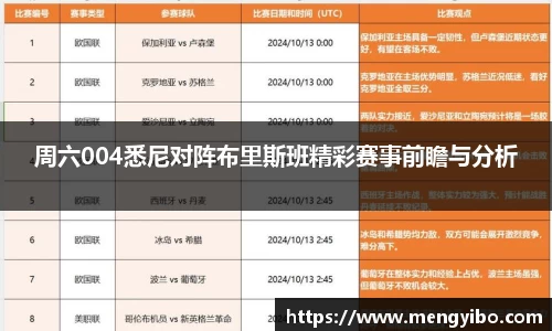 周六004悉尼对阵布里斯班精彩赛事前瞻与分析